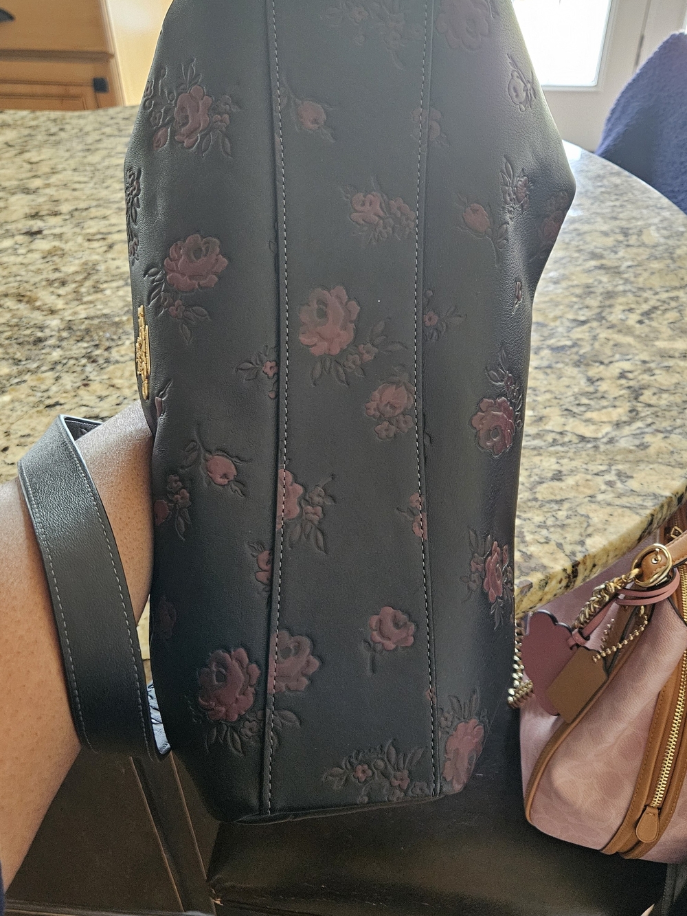 Coach Black Leather Shoulder Bag (Large) with Floral Embossing and Gold Chain - Picture 5 of 10